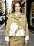 Chic Beige Floral Print Hooded Jacket | Oversized Cropped Parka, Perfect for Spring & Street Style