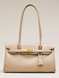 Beige Gold Turn‑Lock Structured Shoulder Bag – Ladies Elegant Faux‑Leather Handbag