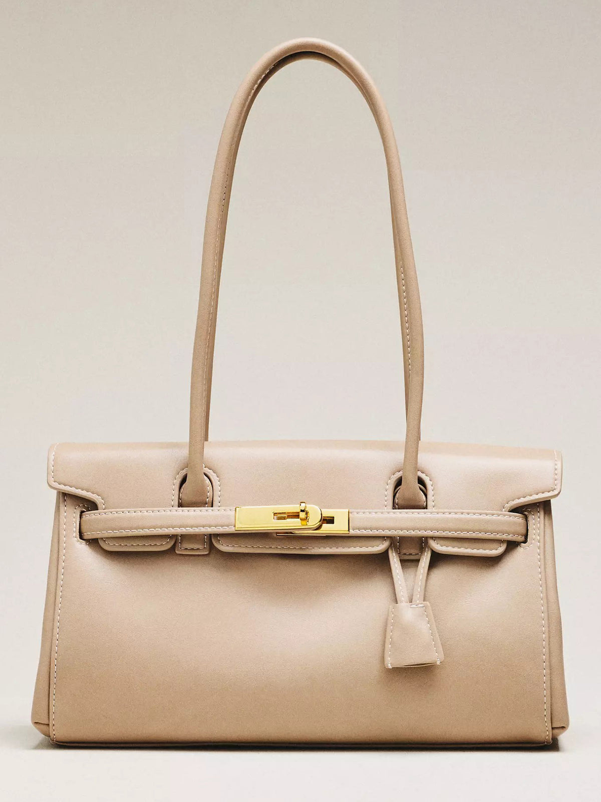 Beige Gold Turn‑Lock Structured Shoulder Bag – Ladies Elegant Faux‑Leather Handbag