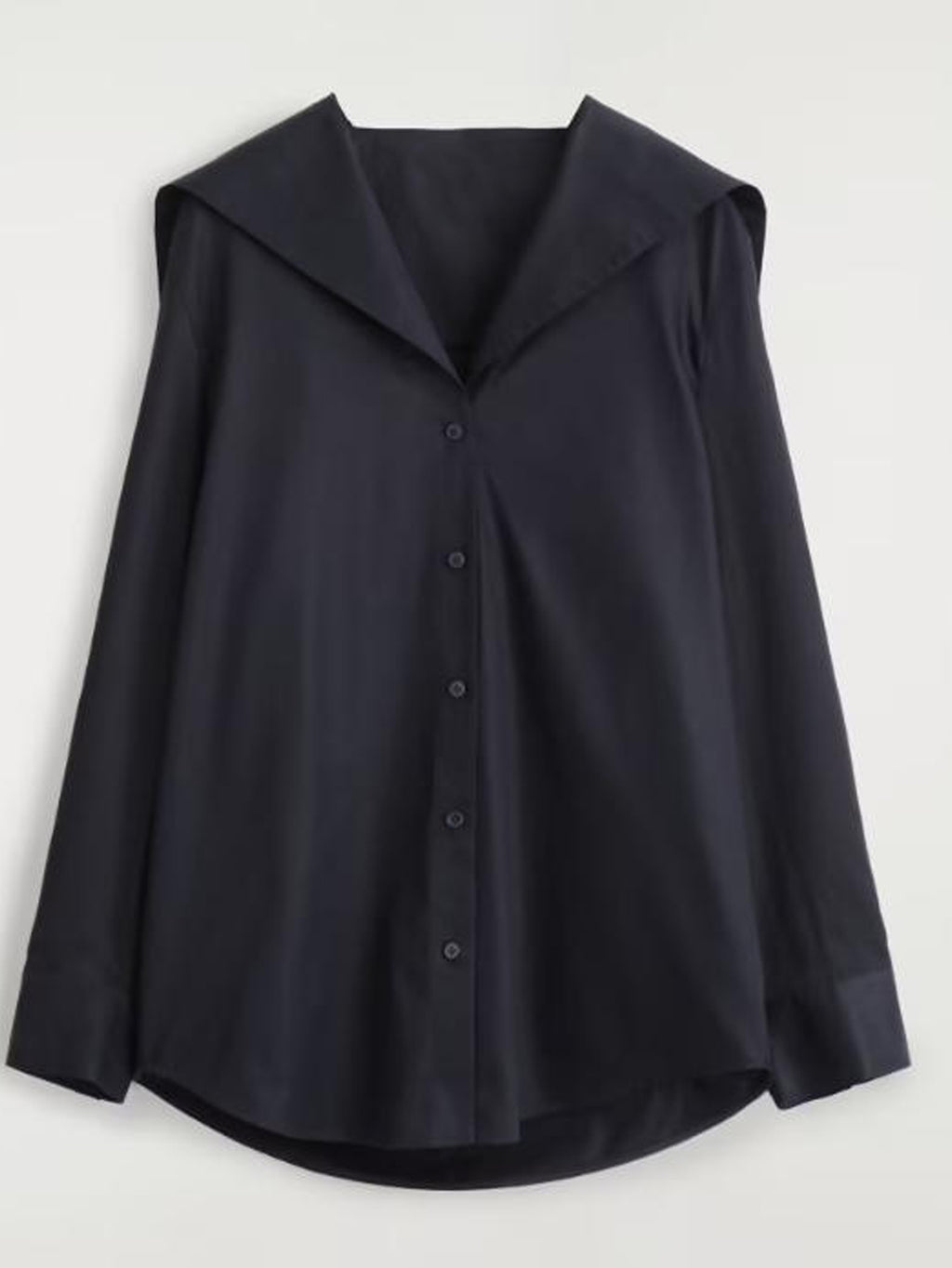 Oversized Black Button-Up Shirt with Sailor Collar | Long Sleeve Woven Blouse for Business Casual, Date Night & Daily Wear