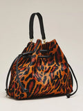 Women Leopard Print Bucket Bag | Faux Calf‑Hair Drawstring 2‑Way Wear Top‑Handle Shoulder Crossbody Purse