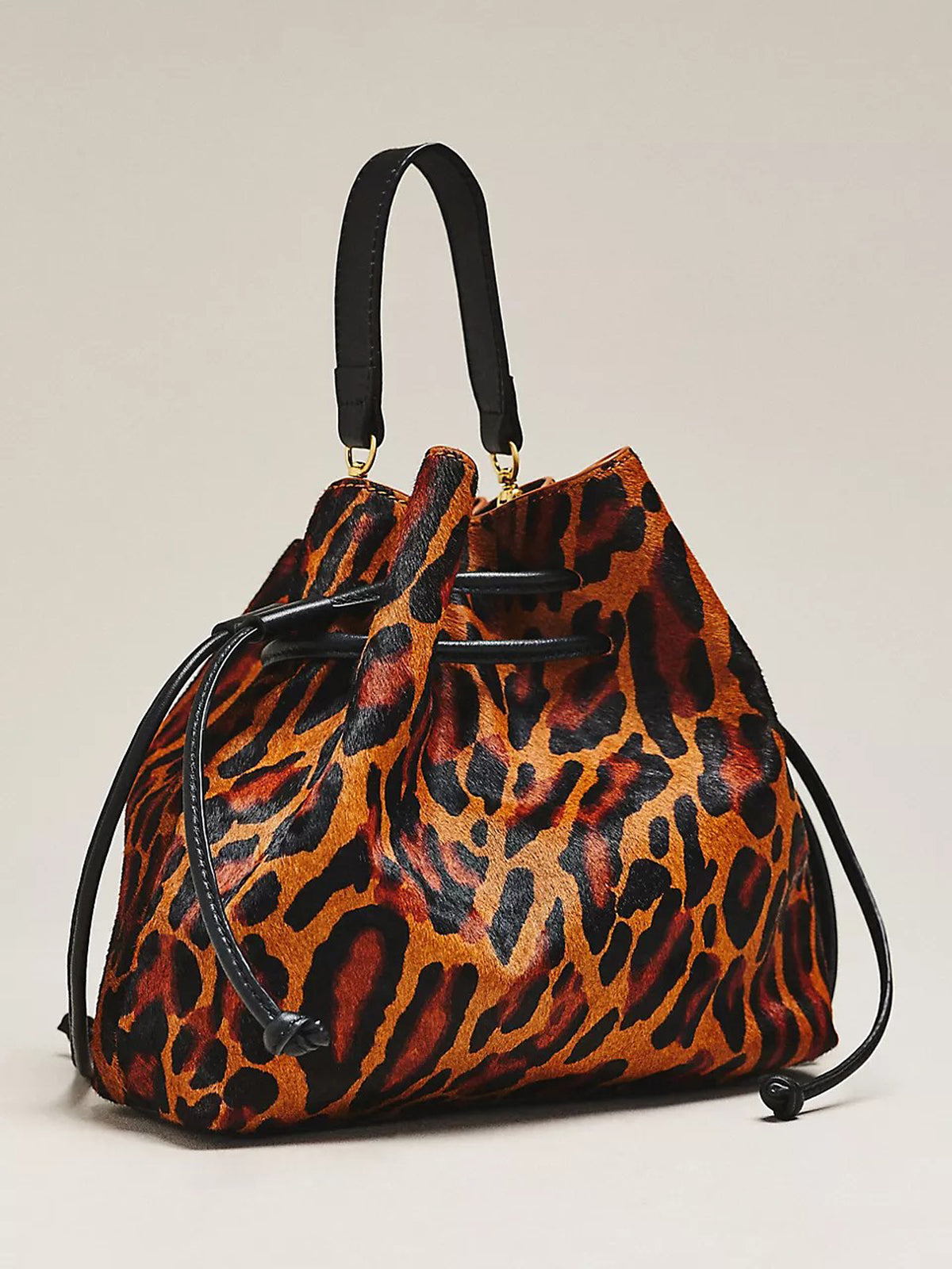 Women Leopard Print Bucket Bag | Faux Calf‑Hair Drawstring 2‑Way Wear Top‑Handle Shoulder Crossbody Purse