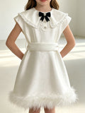Girls Satin Sleeveless Formal Dress, Kids Party Gown with Feather Hem & Black Bow