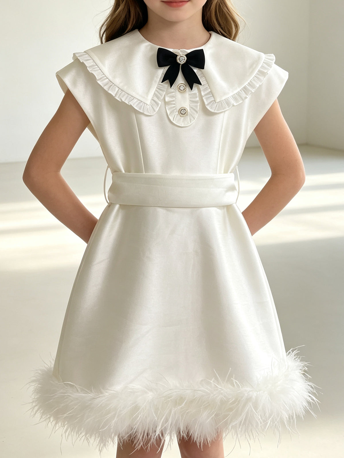 Girls Satin Sleeveless Formal Dress, Kids Party Gown with Feather Hem & Black Bow