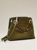 Olive Green Croc‑Embossed Bucket Bag – Ladies Tortoise Chain Convertible Shoulder Handbag