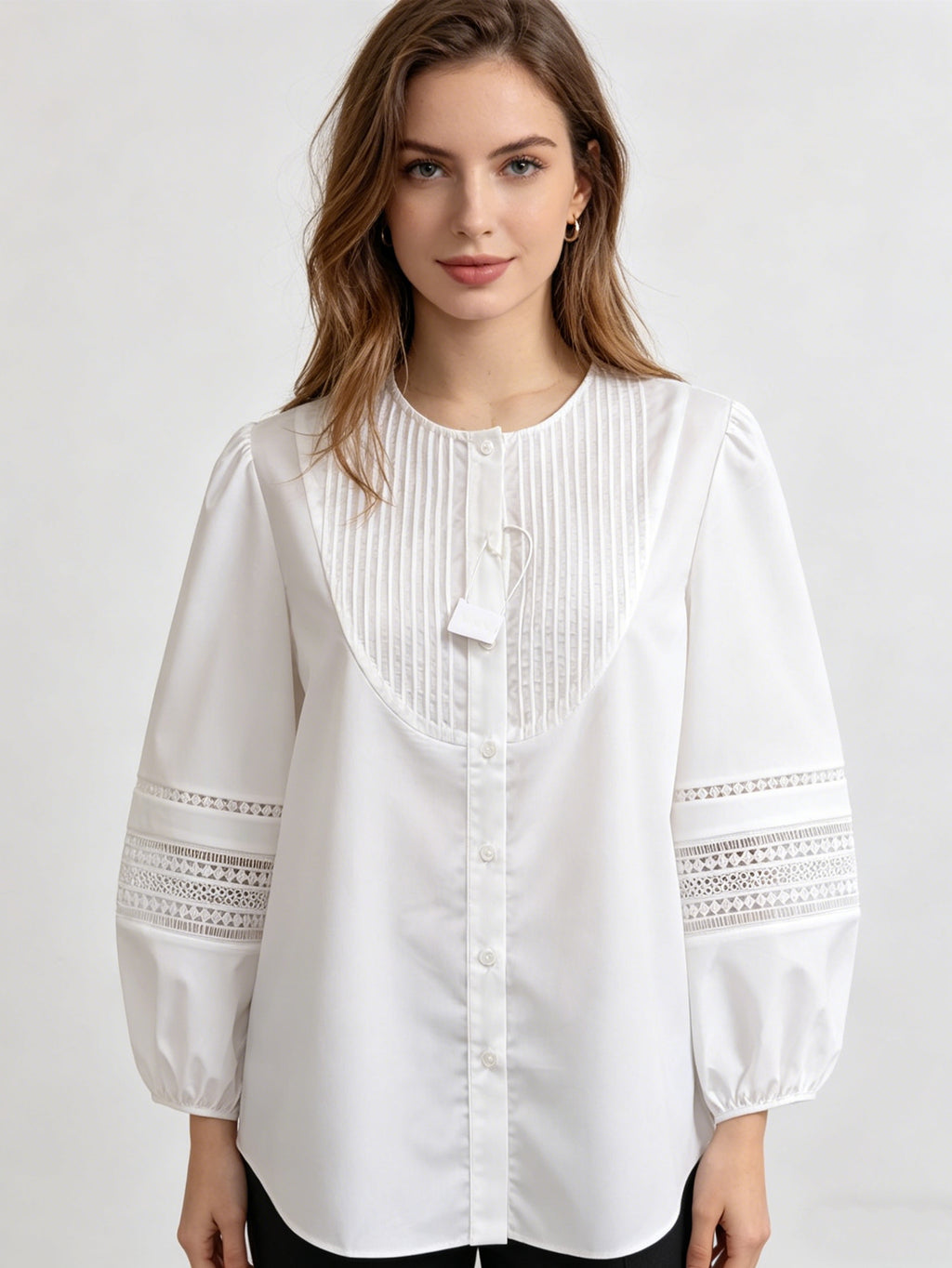White Lace Trim Button-Down Blouse | Pintuck Front & Balloon Sleeve Shirt with Crochet Details, Office & Casual Wear