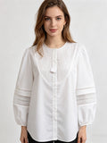 White Lace Trim Button-Down Blouse | Pintuck Front & Balloon Sleeve Shirt with Crochet Details, Office & Casual Wear