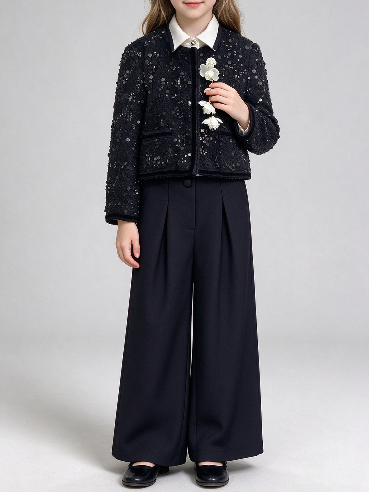 Black Sequin Tweed Girls 2 Piece Outfit Cropped Jacket + High Waist Wide Leg Pants Set