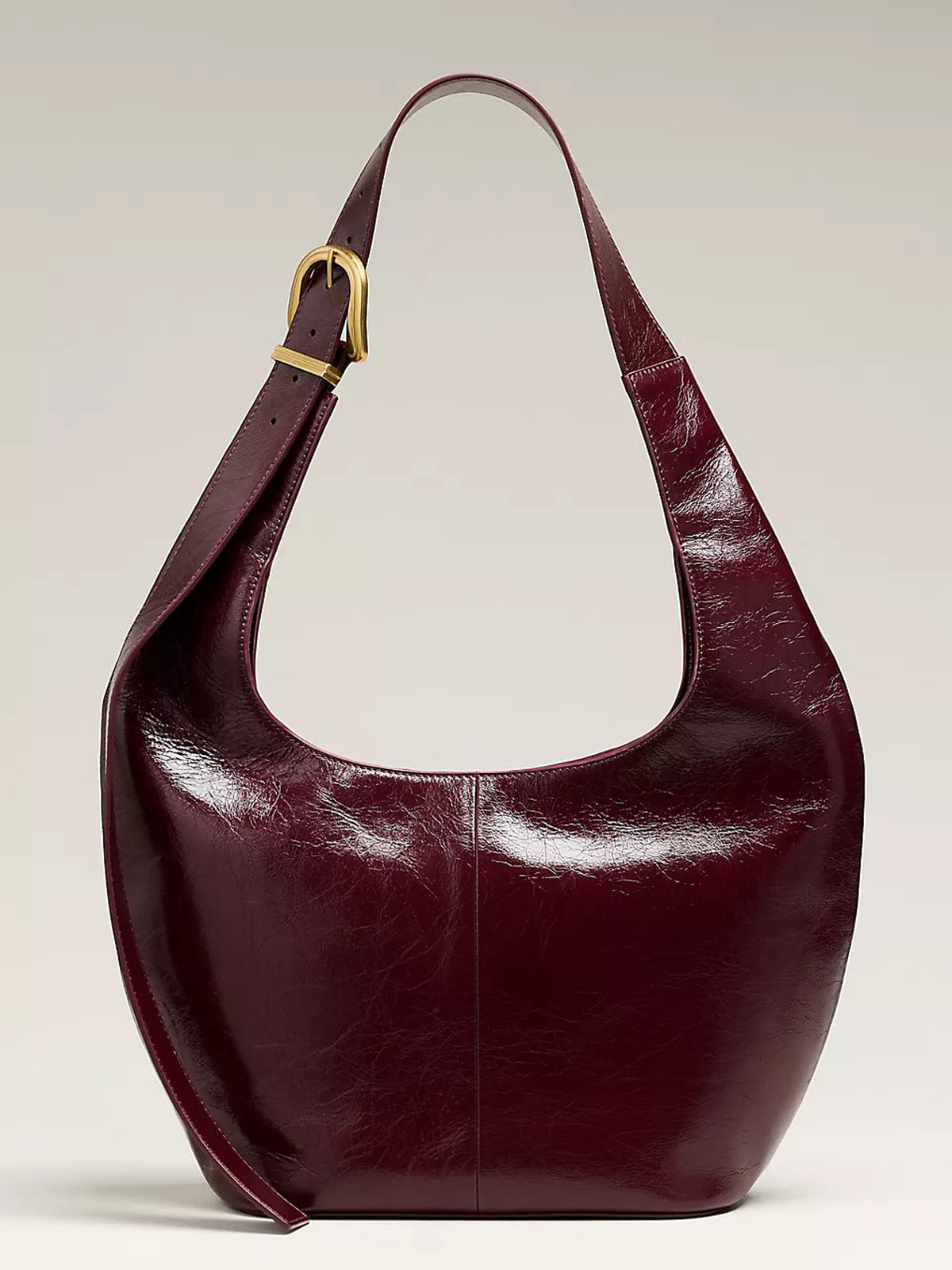 Women Burgundy Large Hobo Bag | Crinkled Faux‑Leather Adjustable Gold Buckle Strap Soft Slouchy Shoulder Tote Handbag
