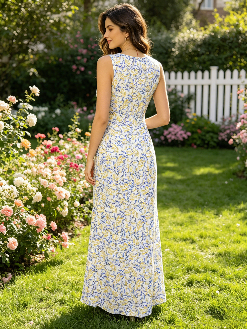 Sleeveless Floral Print Maxi Dress with Waist Belt | Blue Yellow Paisley Style Long Dress for Vacation, Brunch & Wedding Guest