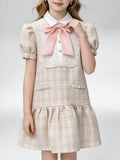 Girls Tweed Puff Sleeve Dress, Kids Lace Collar A-Line Party Dress with Pink Bow