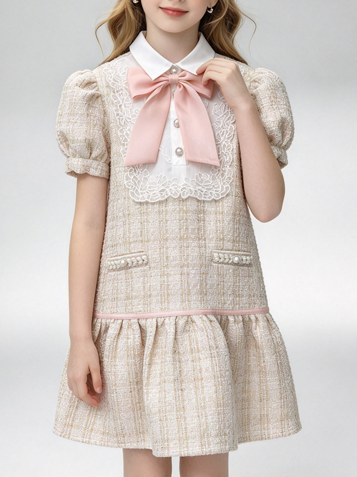 Girls Tweed Puff Sleeve Dress, Kids Lace Collar A-Line Party Dress with Pink Bow