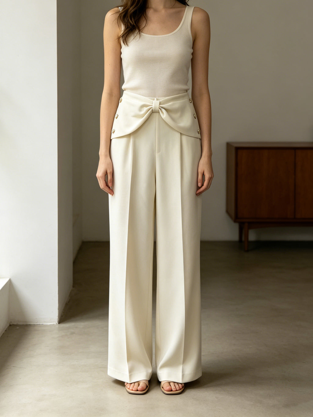 Chic Cream Bow Waist Wide-Leg Pants | High-Waisted Tailored Trousers