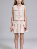 irls Tweed 2 Piece Outfit, Sleeveless V-Neck Vest Top & Pleated Skirt Set, Kids Elegant Plaid Outfit for Party