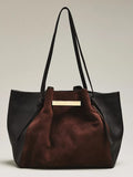 Women Two‑Tone Tote Bag | Brown Suede & Black Faux‑Leather Mix Gold Bar Accent Large Work Shoulder Purse