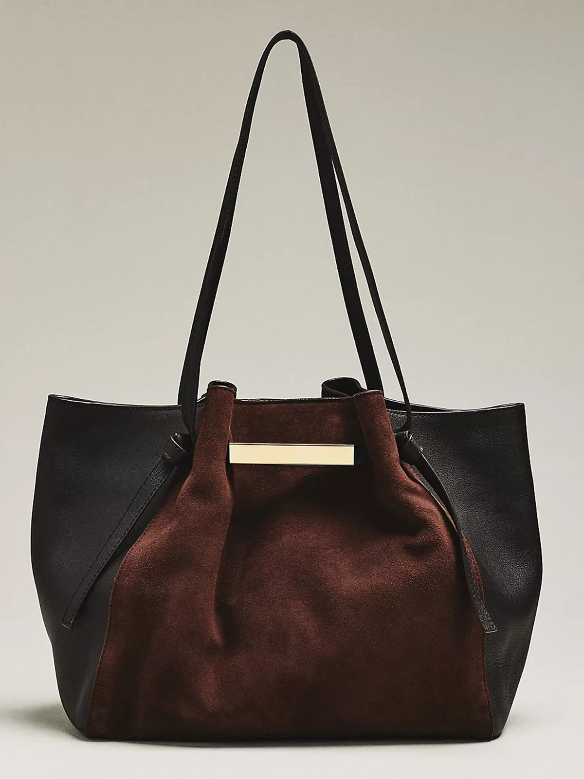 Women Two‑Tone Tote Bag | Brown Suede & Black Faux‑Leather Mix Gold Bar Accent Large Work Shoulder Purse
