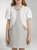 Girls Tweed Pearl Dress Short Puff Sleeve Elegant Kids Formal Wedding Party Dress