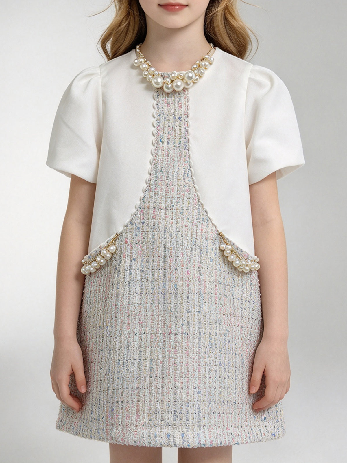 Girls Tweed Pearl Dress Short Puff Sleeve Elegant Kids Formal Wedding Party Dress