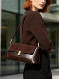 Dark Brown Suede and Faux Leather Baguette Bag, Vintage-Style Clasp Women’s Shoulder Bag