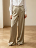 Champagne Gold High-Waisted Wide-Leg Pants | Elastic Waist, Flowy Silky Trousers for Women