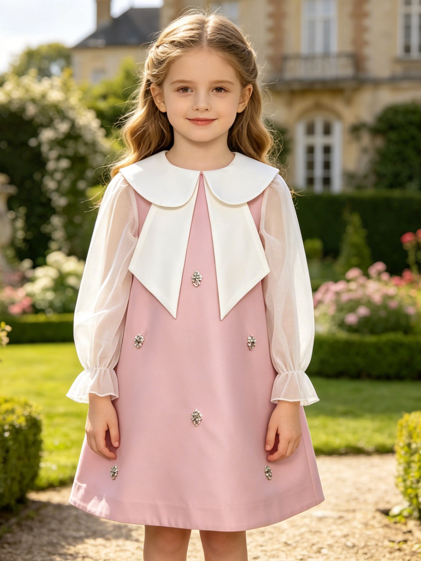 Pink A-Line Girls' Party Dress with Oversized Collar, Sheer Sleeves & Rhinestones, Elegant Dress for Special Occasions
