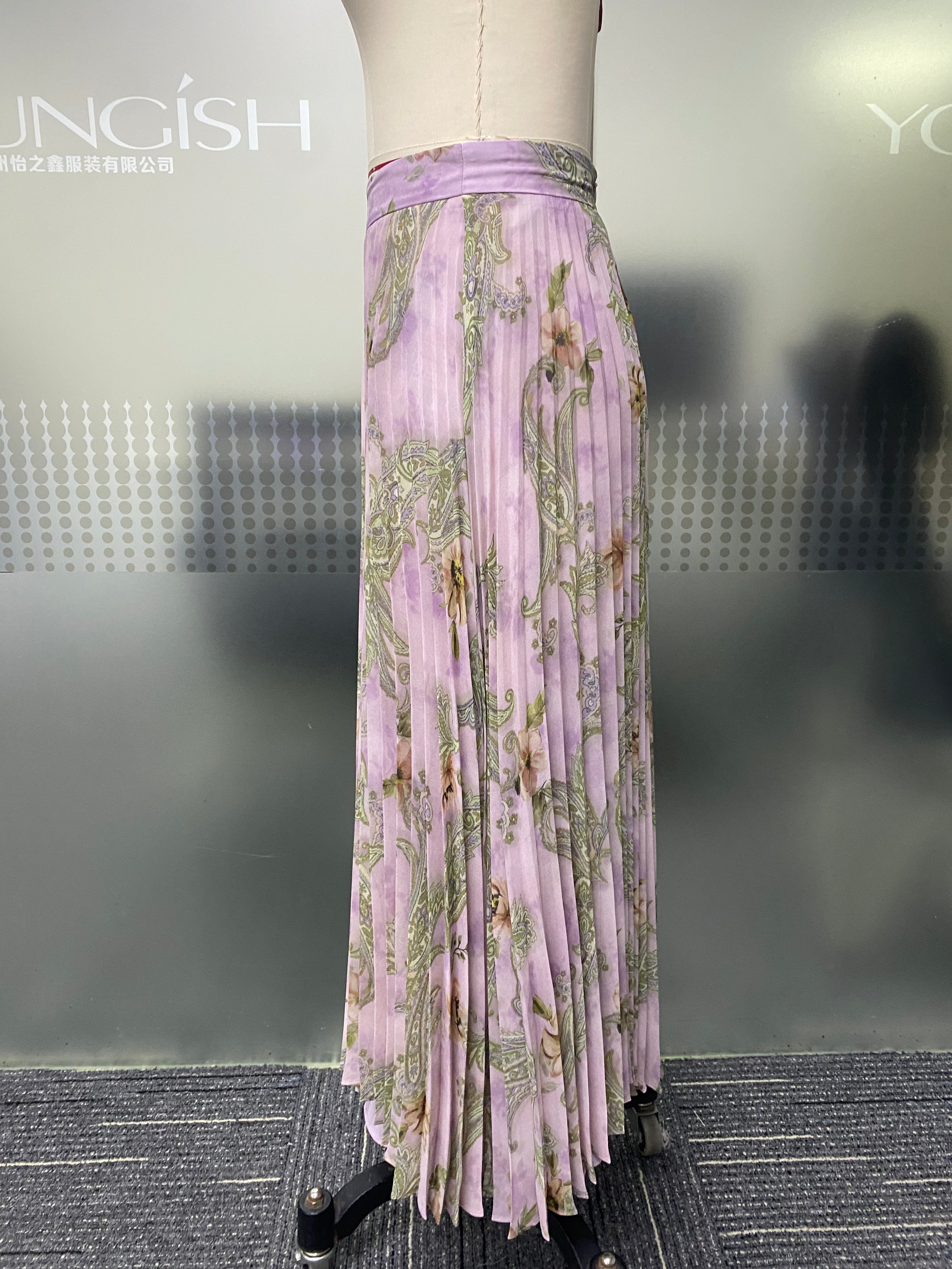 Boho Light Purple Floral Paisley Chiffon Pleated Skirt High Waist A-Line Flowy Casual Vacation Midi Long Skirt