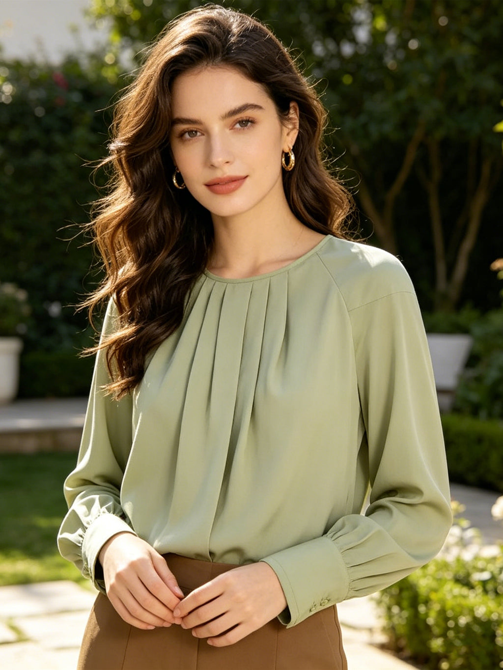 Chic Sage Green Pleated Blouse | Soft Draped Long Sleeve Top, Perfect for Work & Casual Chic Outings