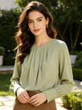 Chic Sage Green Pleated Blouse | Soft Draped Long Sleeve Top, Perfect for Work & Casual Chic Outings