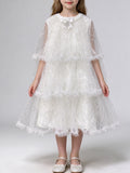 White Sparkle Tulle Girls Princess Dress Cape Sleeve Tiered Wedding Flower Girl Gown