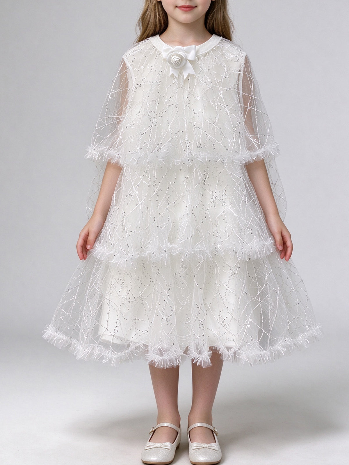 White Sparkle Tulle Girls Princess Dress Cape Sleeve Tiered Wedding Flower Girl Gown