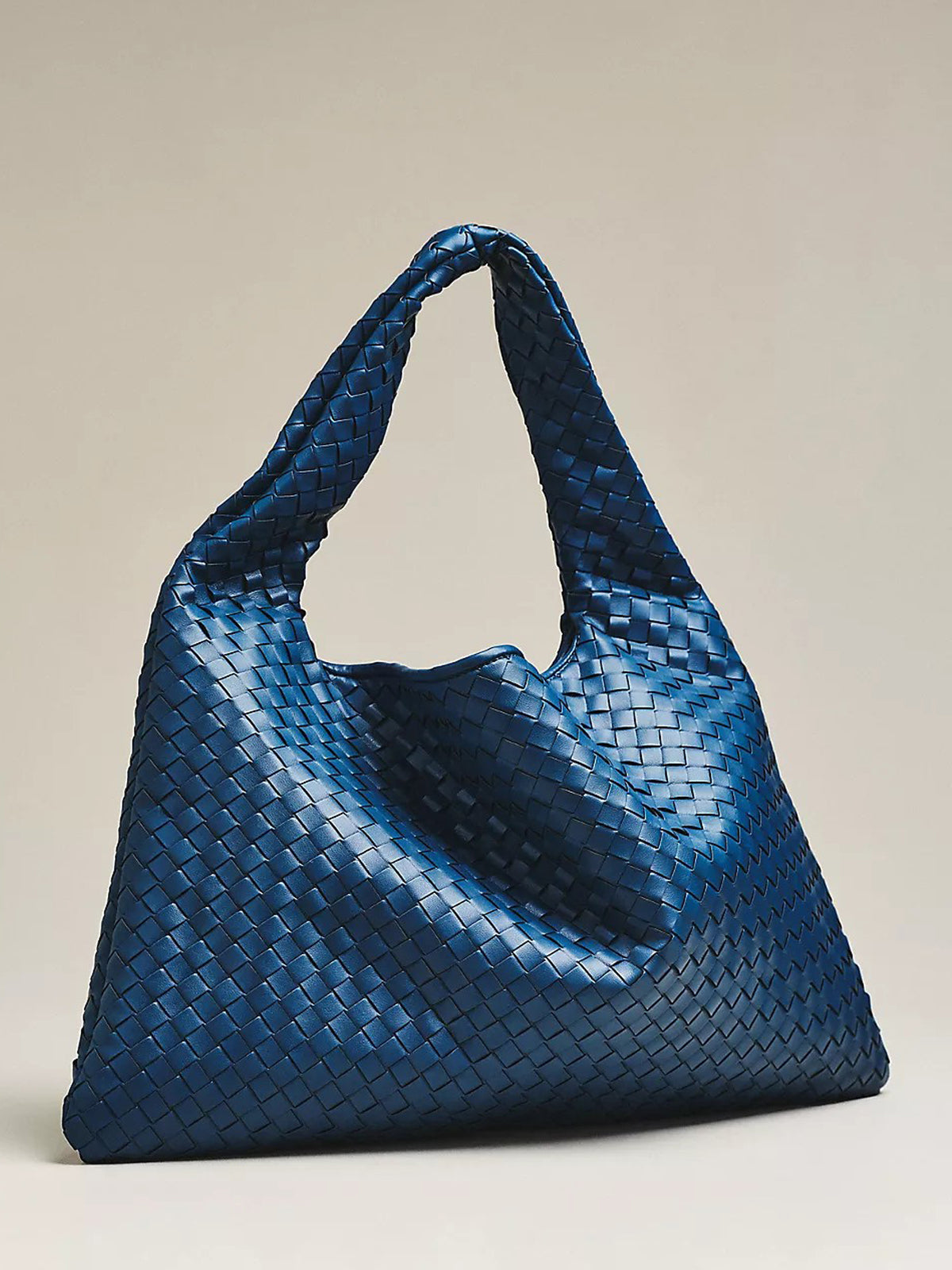 Blue Woven Faux Leather Tote, Women's Soft Woven Shoulder Bag