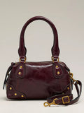 Women Vintage Burgundy Satchel Bag | Crinkled Faux‑Leather Gold Rivet Removable Crossbody Strap Boston Handbag