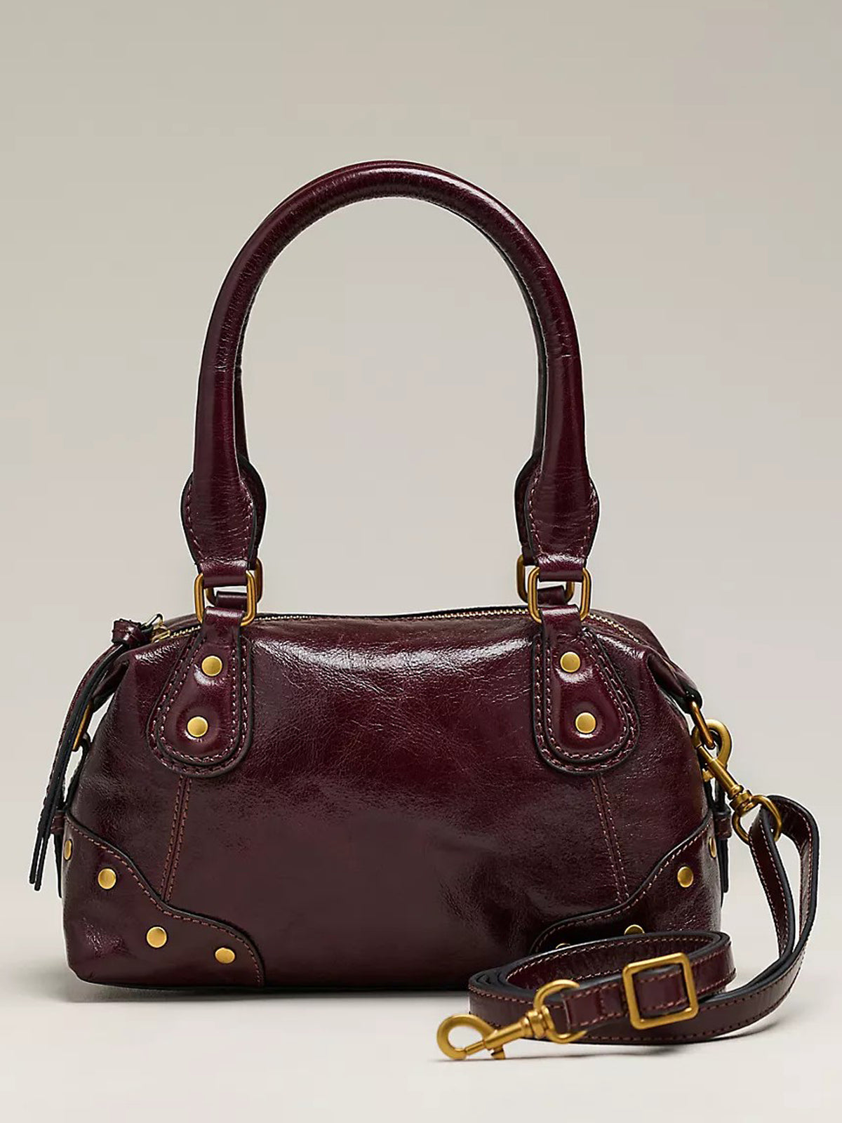 Women Vintage Burgundy Satchel Bag | Crinkled Faux‑Leather Gold Rivet Removable Crossbody Strap Boston Handbag