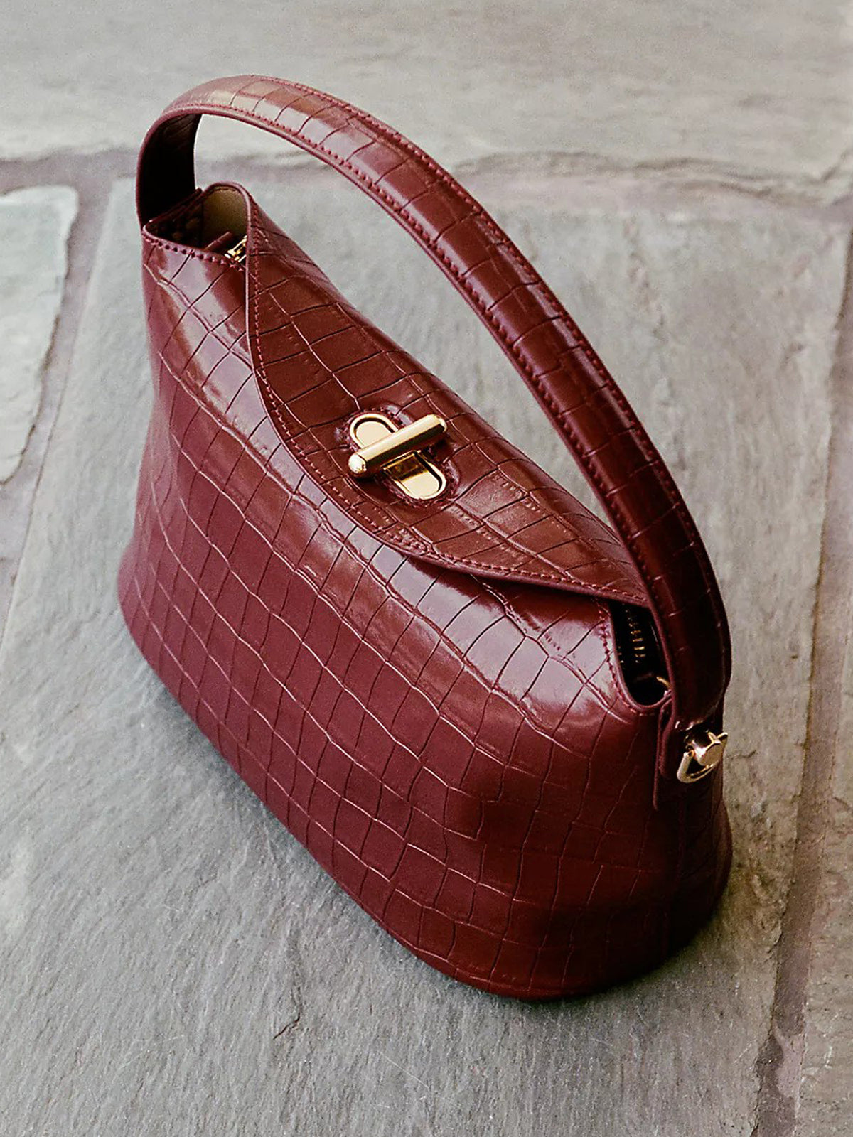 Women Burgundy Croc Embossed Bag | Faux‑Leather Gold Twist‑Lock Retro Top‑Handle Underarm Purse