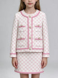Pink White Jacquard Tweed Girls 2 Piece Outfit Round Neck Jacket + Mini Skirt Set