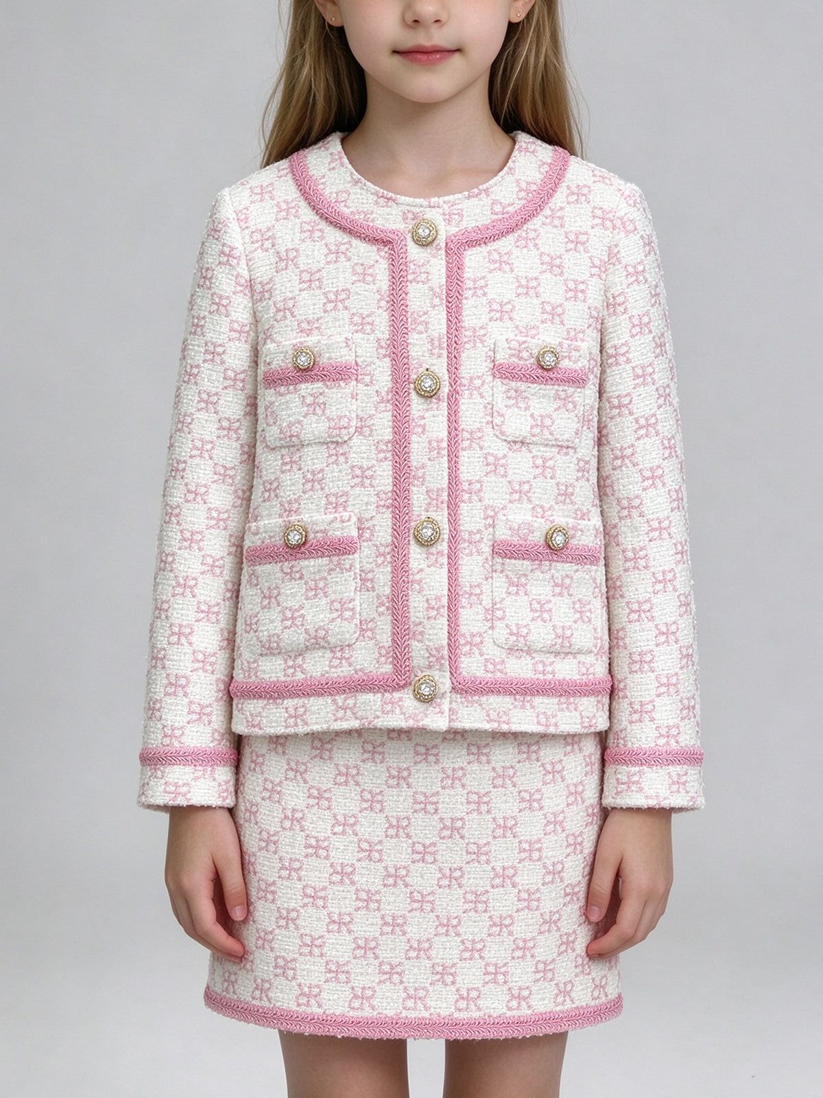Pink White Jacquard Tweed Girls 2 Piece Outfit Round Neck Jacket + Mini Skirt Set