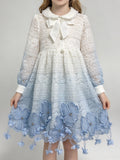Gradient Blue Lace Girls Princess Dress Long Sleeve 3D Butterfly Floral Party Gown