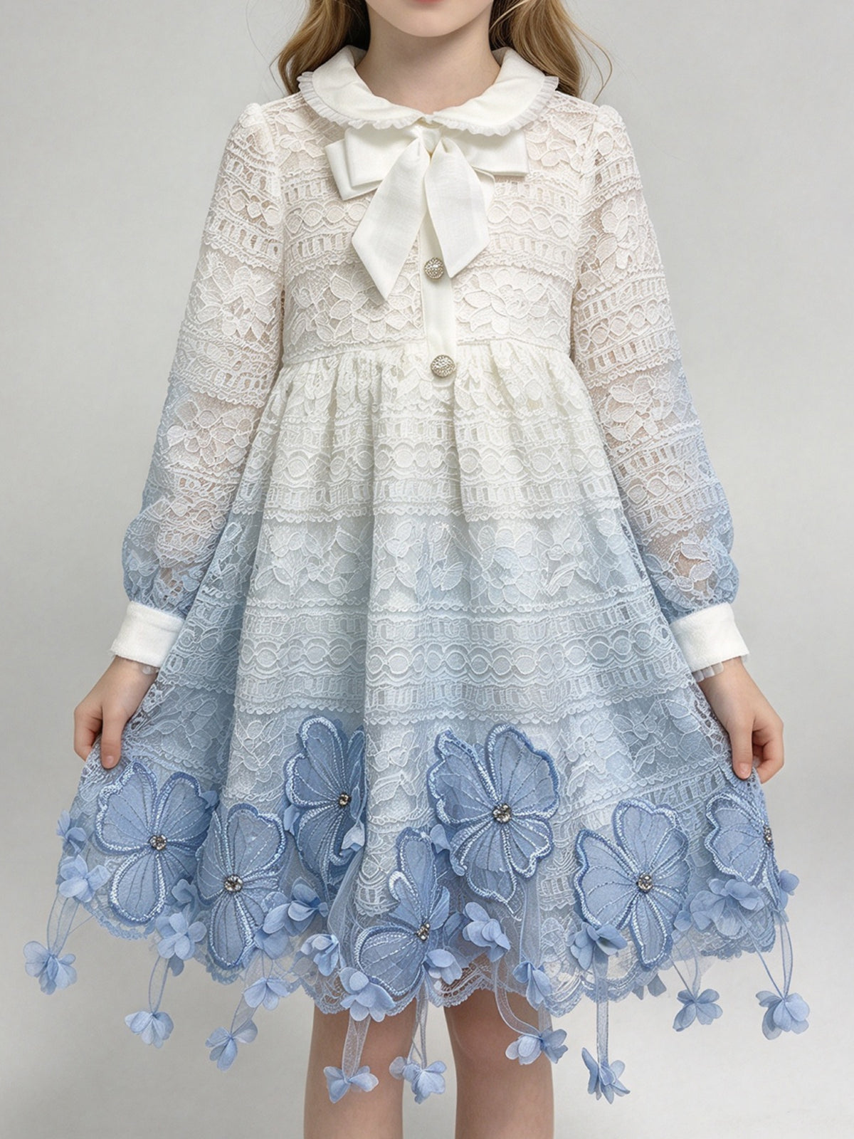 Gradient Blue Lace Girls Princess Dress Long Sleeve 3D Butterfly Floral Party Gown