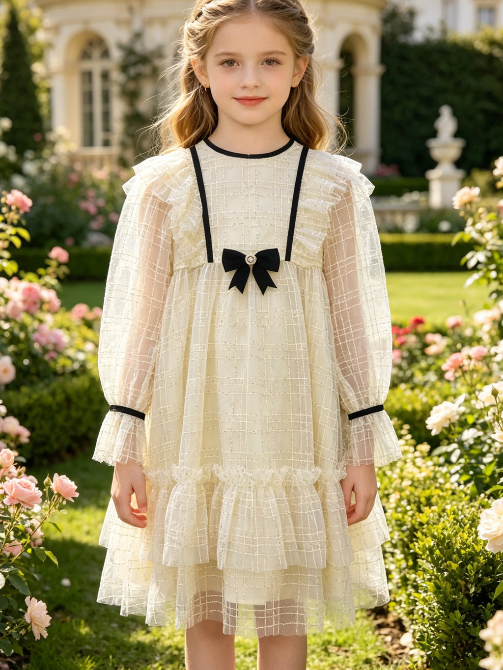 Cream Grid Tulle Girls' Dress | Black Trim & Bow Detail, Ruffled Tiered Party & Flower Girl Wear