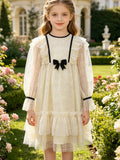 Cream Grid Tulle Girls' Dress | Black Trim & Bow Detail, Ruffled Tiered Party & Flower Girl Wear
