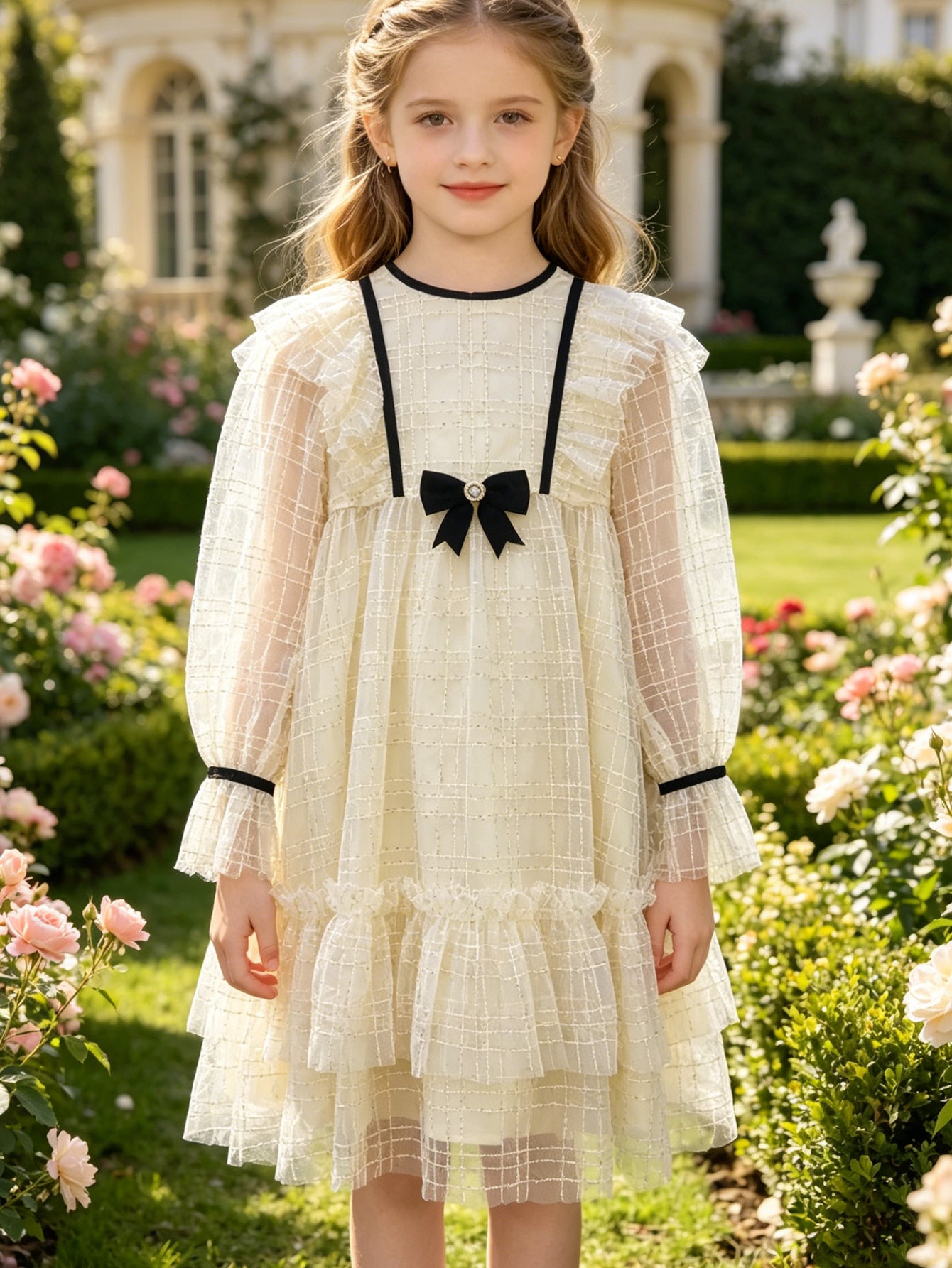 Cream Grid Tulle Girls' Dress | Black Trim & Bow Detail, Ruffled Tiered Party & Flower Girl Wear