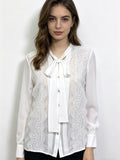 White Lace Trim Bow Blouse | Sheer Chiffon Button-Down Shirt with Neck Tie, Elegant Office Wear