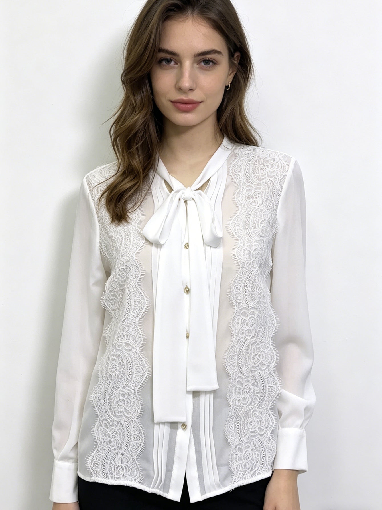 White Lace Trim Bow Blouse | Sheer Chiffon Button-Down Shirt with Neck Tie, Elegant Office Wear