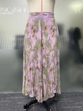 Boho Light Purple Floral Paisley Chiffon Pleated Skirt High Waist A-Line Flowy Casual Vacation Midi Long Skirt