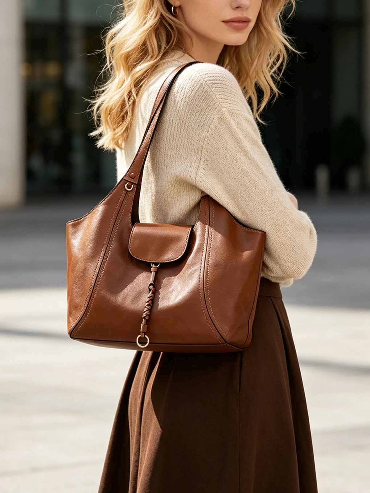 Vintage Brown Leather Tote Bag, Large Capacity Shoulder Handbag for Women Daily Work