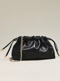 Women Black Ruched Drawstring Clutch Bag | Soft Faux‑Leather Gold Chain Strap Evening Crossbody Purse