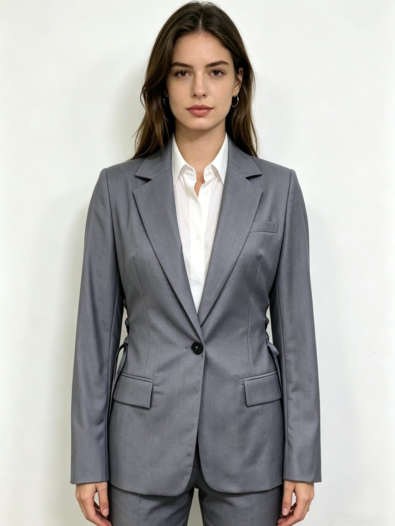 Grey Tailored Blazer with Side Tie Detail | Slim Fit Single-Breasted Suit Jacket, Office & Formal Wear