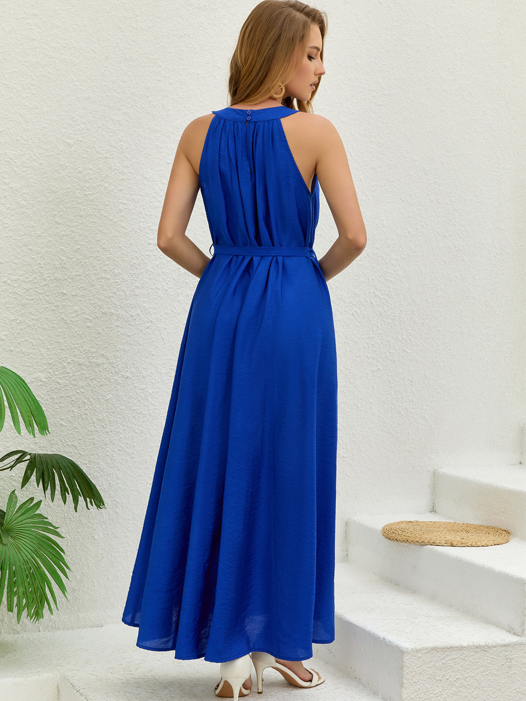 Royal Blue Halter Neck Maxi Dress | Sleeveless Belted Flowy Summer Beach Vacation Dress for Women