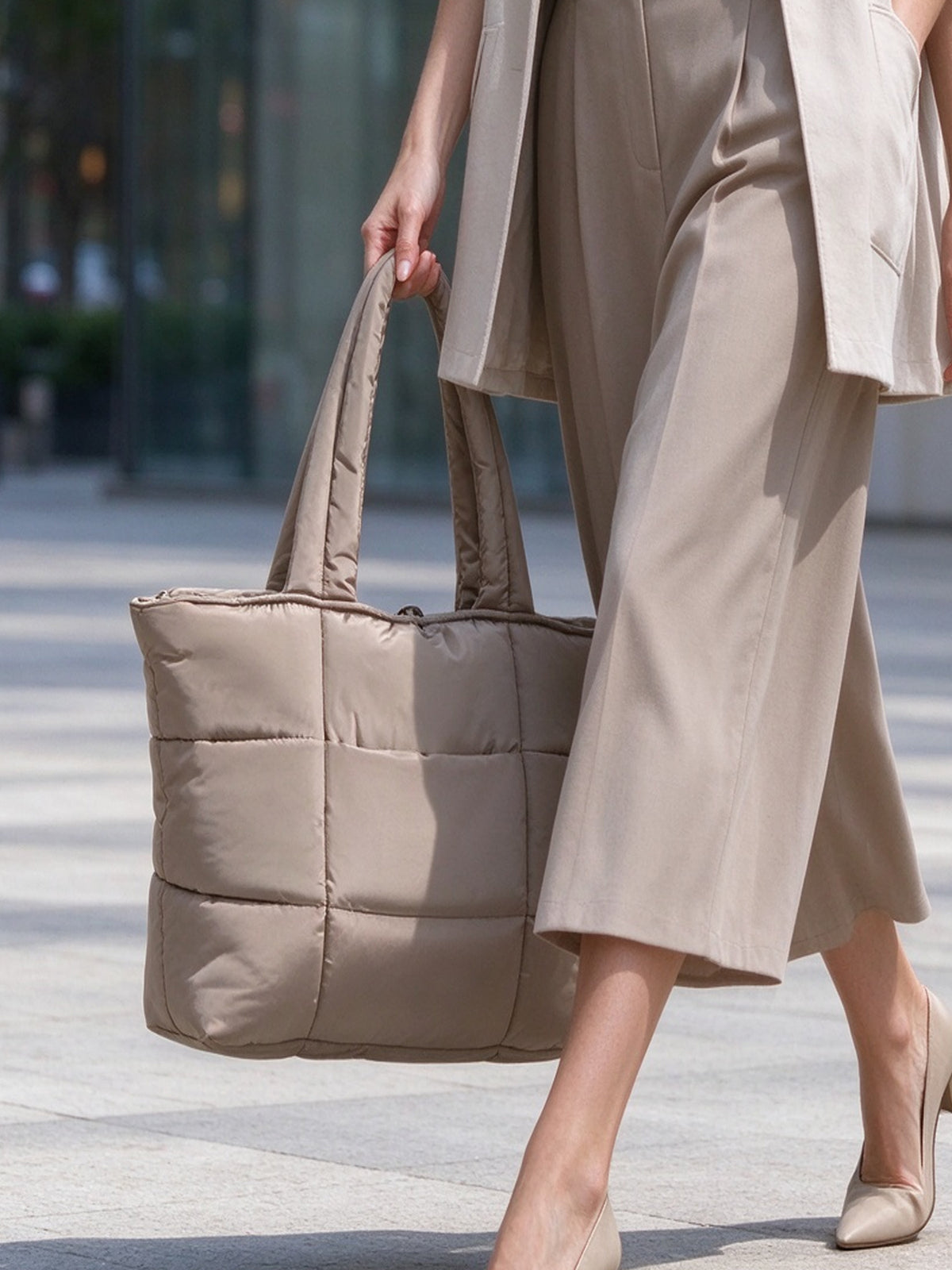 Beige Puffer Tote Bag for Women, Quilted Large Capacity Nylon Shoulder Handbag