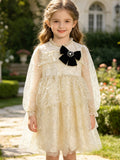 Cream Sequin-Embellished Tulle Girls' Dress | Ruffled Neck, Black Bow & Long Sleeves, Elegant Party Dress for Special Occasions